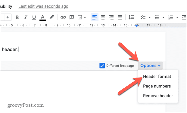 Apri il menu delle opzioni del formato dell'intestazione in Google Documenti