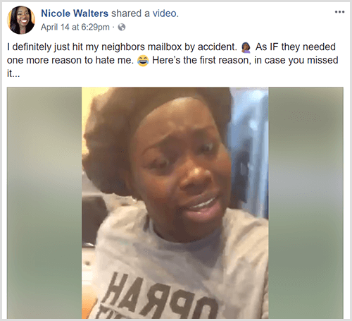 Nicole Walters ha pubblicato un video su Facebook con un'introduzione di testo che dice che ha appena colpito accidentalmente la casella di posta del vicino. Nicole indossa un copricapo nero e una maglietta grigia.