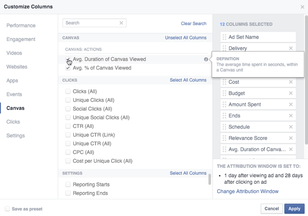Opzioni metriche della tela di Facebook