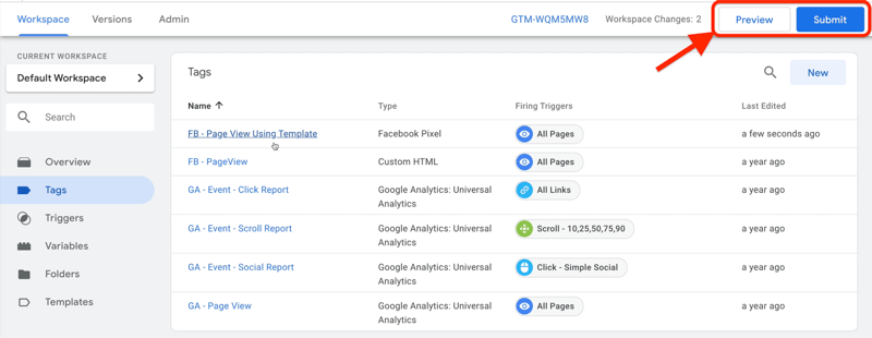 esempio di area di lavoro della dashboard di google tag manager con i tag selezionati e diversi tag di esempio visualizzati con i pulsanti di anteprima e invio evidenziati in alto a destra