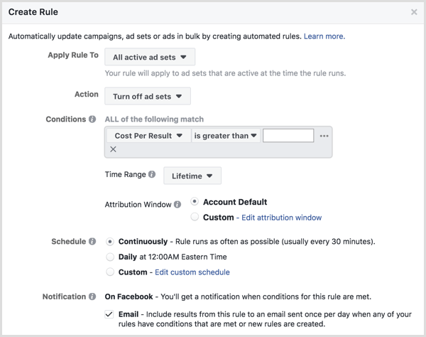 Finestra di configurazione delle regole automatizzate di Facebook