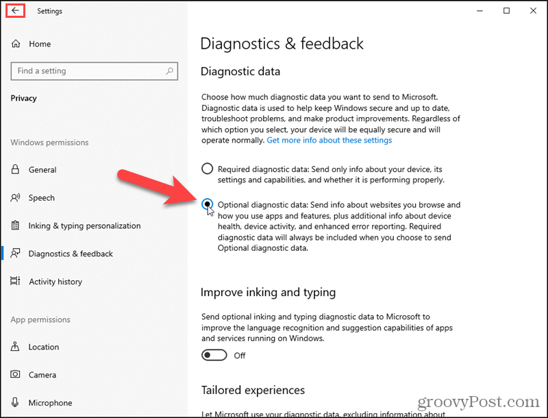 Attiva Windows 10 Dati diagnostici facoltativi
