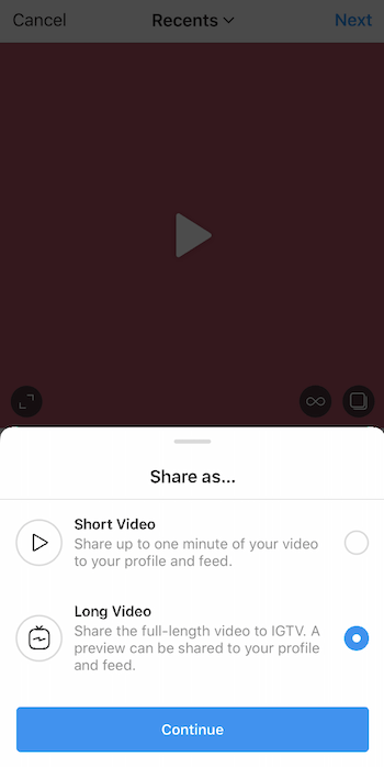 caricamento video Instagram con il menu Condividi come visualizzato e l'opzione video lungo selezionata