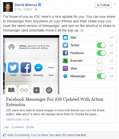 "Gli utenti di Facebook Messenger con iPhone o iPad possono ora condividere foto o collegamenti direttamente all