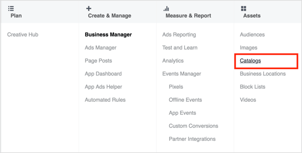 Per accedere a Catalog Manager, apri Business Manager e seleziona Cataloghi.