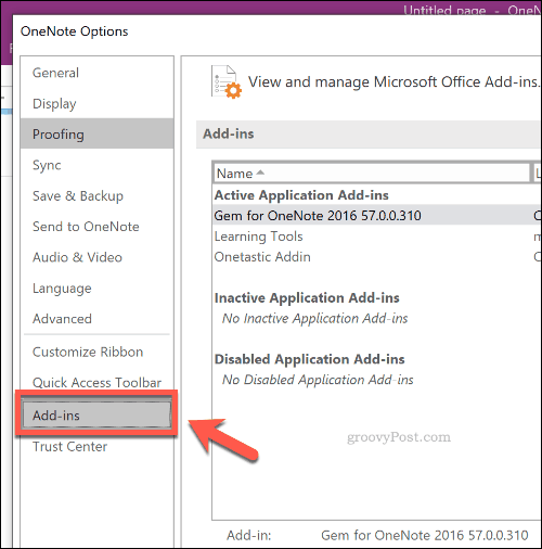 Opzioni Aggiungi in per OneNote