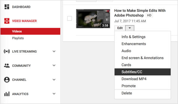 Passa al tuo video YouTube e scegli Sottotitoli / CC dal menu a discesa Modifica.