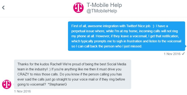 Un rappresentante del servizio clienti T-Mobile è stato in grado di interagire con me uno a uno e concentrarsi sul mio problema.