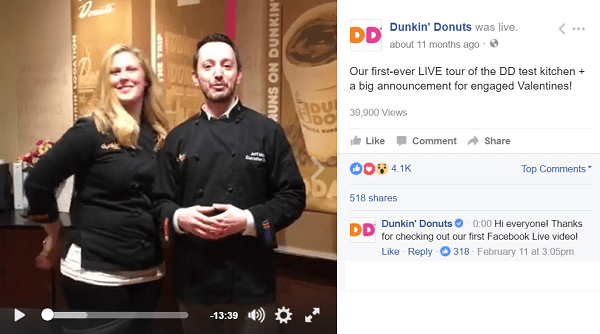 Dunkin Donuts utilizza il video di Facebook Live per portare i fan dietro le quinte.