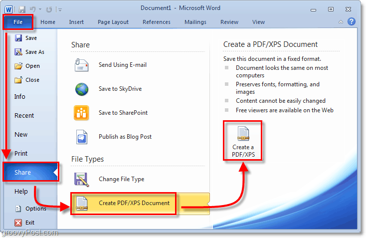 salva un documento usando un'opzione di condivisione pdf in Office 2010