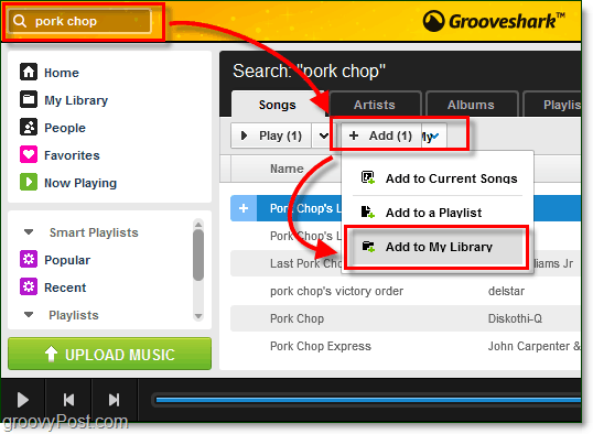 aggiungi brani cercati alla tua libreria musicale Grooveshark