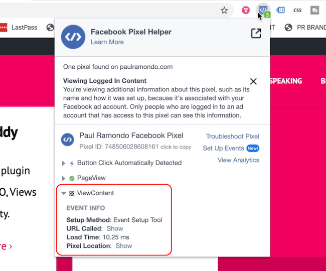 Facebook Pixel Helper che mostra gli eventi Visualizzazione pagina e Visualizza contenuto