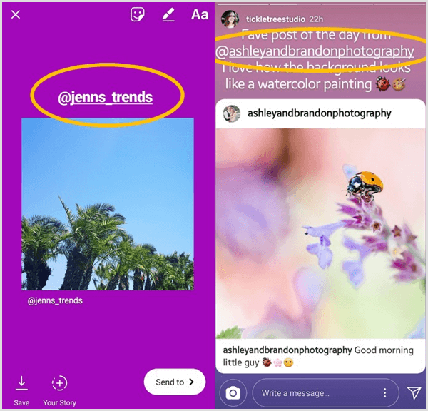 Aggiungi una casella di testo che elenca l'utente originale e taggalo in un post Instagram ricondiviso.