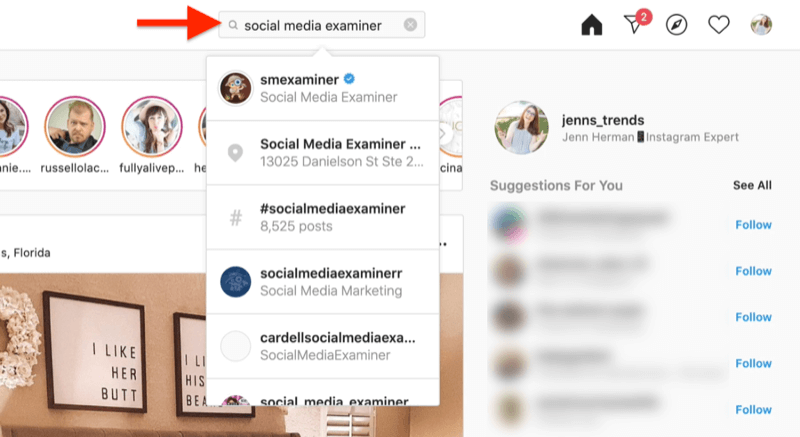 screenshot del desktop che mostra una ricerca di un account Instagram utilizzando i termini di ricerca dell'esaminatore dei social media