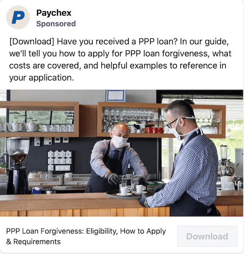 esempio di post sponsorizzato da paychex per la generazione di lead di prestito ppp