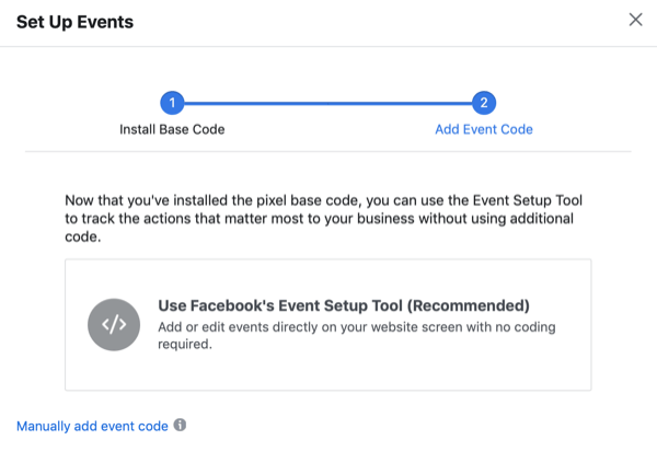 Finestra di dialogo Imposta eventi con l'opzione per utilizzare lo strumento di configurazione degli eventi di Facebook