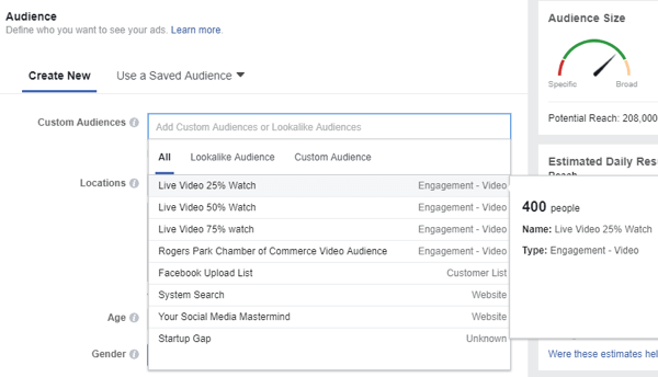 Quando selezioni un pubblico per il tuo annuncio Facebook, assicurati di selezionare il pubblico personalizzato delle persone che hanno visualizzato i tuoi video in diretta.