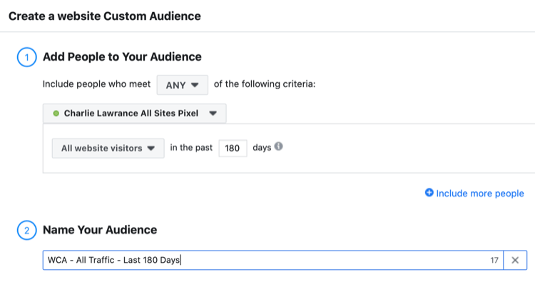 impostare il pubblico personalizzato del sito Web di Facebook di tutti i visitatori del sito negli ultimi 180 giorni