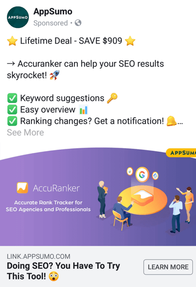 Tecniche pubblicitarie di Facebook che forniscono risultati, ad esempio di AppSumo che offre un accordo