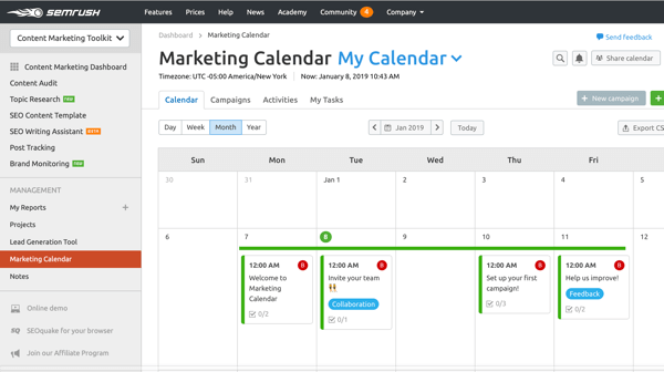 Esempio di un calendario di marketing SEMrush.