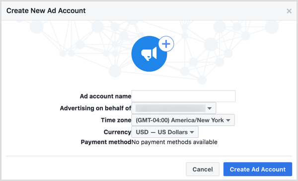 Usa il nome della tua attività quando ti viene chiesto di nominare il tuo nuovo account pubblicitario di Facebook.