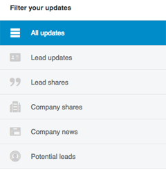 filtri di aggiornamento lead navigatore vendite linkedin