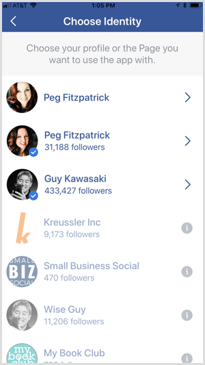 L'app Facebook Creator sceglie l'identità