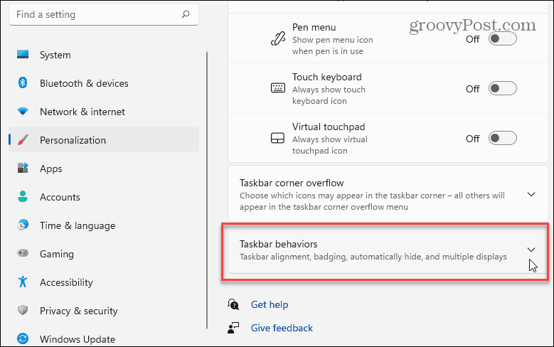 Accesso al menu dei comportamenti della barra delle applicazioni in Windows 11.