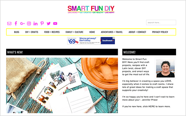 Questo è uno screenshot di Smart Fun DIY, un blog gestito da Jennifer Priest. Lo slogan del blog è "Risparmia denaro, diventa creativo, mangia sano, vivi felice". Sotto il titolo del blog, all