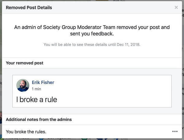 Sembra che Facebook Groups stia offrendo agli amministratori un'opzione per condividere il motivo per cui un post è stato rimosso alla persona che lo ha pubblicato.