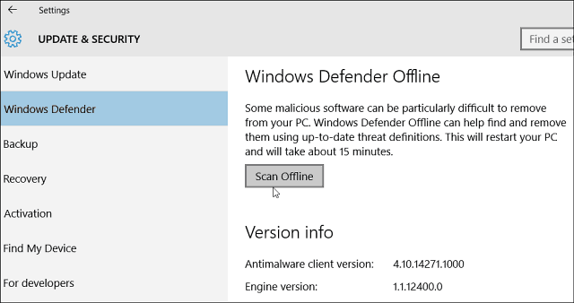 Windows 10 Defender consente la scansione offline di malware