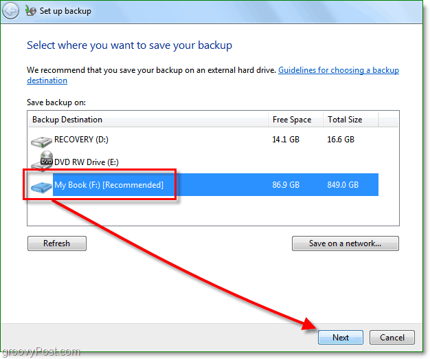 Backup di Windows 7: selezionare un percorso di backup