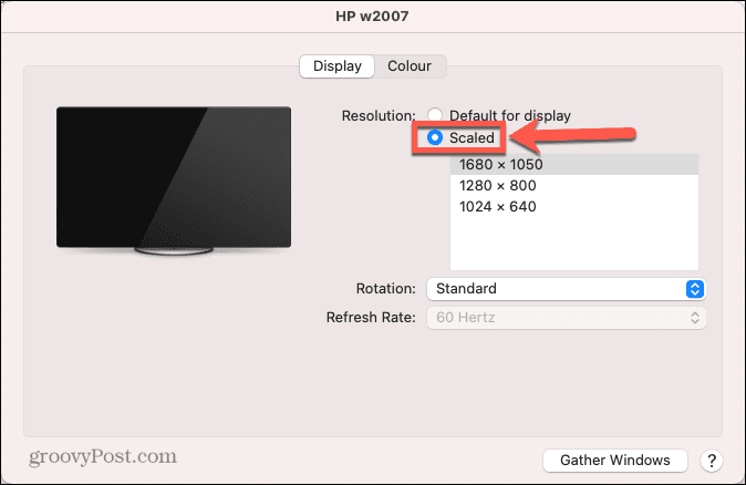 pulsante di opzione in scala display esterno mac