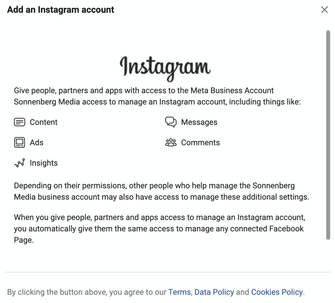 immagine della schermata Aggiungi un account Instagram in Meta Business Manager