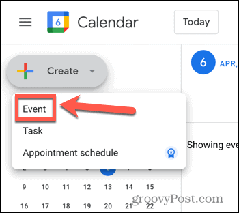 Google Calendar crea screenshot dell'opzione evento