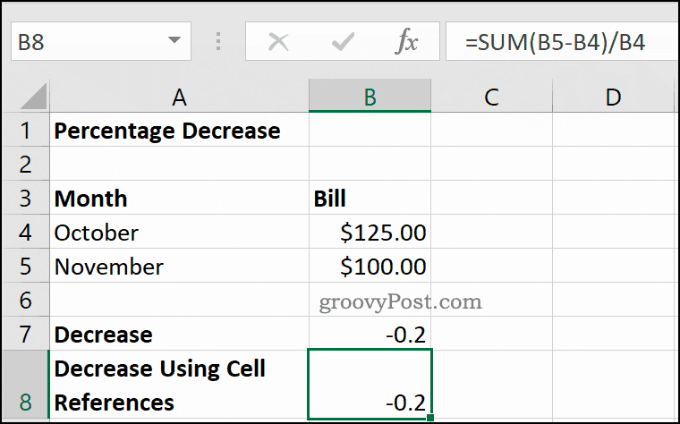 Un esempio di percentuale diminuisce in Microsoft Excel