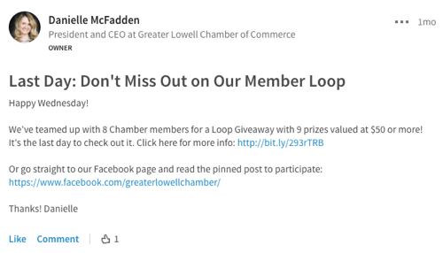 promuovere il giveaway di facebook loop su linkedin