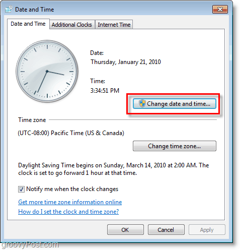 Schermata di Windows 7: modifica la data e l'ora