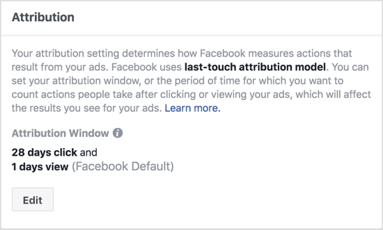 Le impostazioni predefinite della finestra di attribuzione di Facebook mostrano le azioni intraprese entro 1 giorno dalla visualizzazione del tuo annuncio ed entro 28 giorni dal clic sul tuo annuncio. 