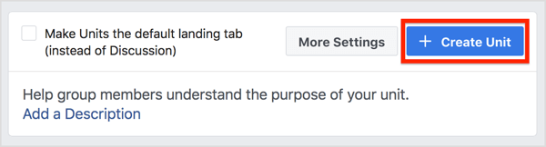 Apri la scheda Unità per il tuo gruppo Facebook e fai clic su Crea unità.