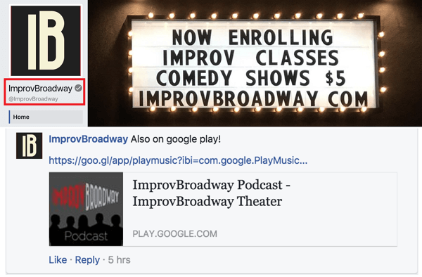 Si noti che la pagina Facebook di ImprovBroadway ha un segno di spunta grigio accanto al suo nome in alto; tuttavia, non compare accanto al nome nei post o nei commenti.