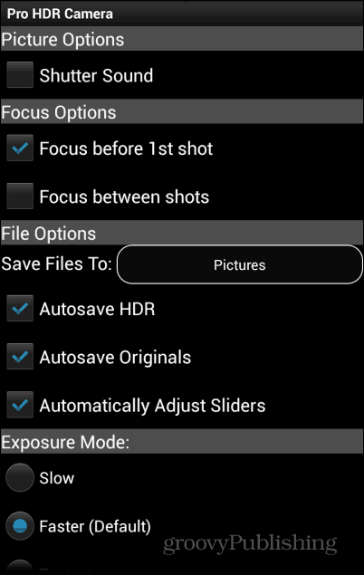 Impostazioni della videocamera Pro HDR 1