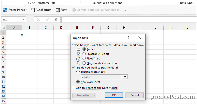 opzioni di importazione dati excel