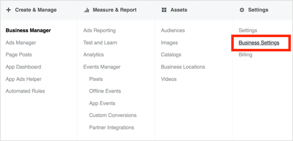 Per avere accesso all'account di condivisione del cliente, chiedigli di aprire Business Manager e accedere a Impostazioni aziendali.