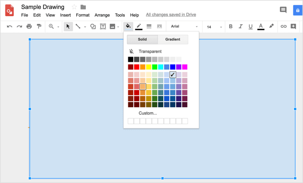 Per applicare un colore personalizzato alla tua forma, fai clic sullo strumento Colore riempimento e seleziona Personalizzato.