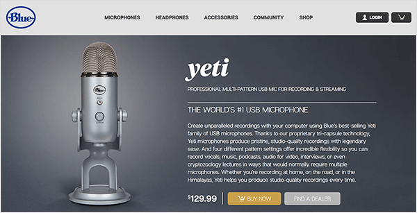 Dusty Porter consiglia di passare a un microfono USB come il Blue Yeti. Nella pagina di vendita blu per il microfono Yeti, l'immagine di un microfono cromato su un supporto appare su uno sfondo grigio scuro. Il prezzo è di $ 129,00.
