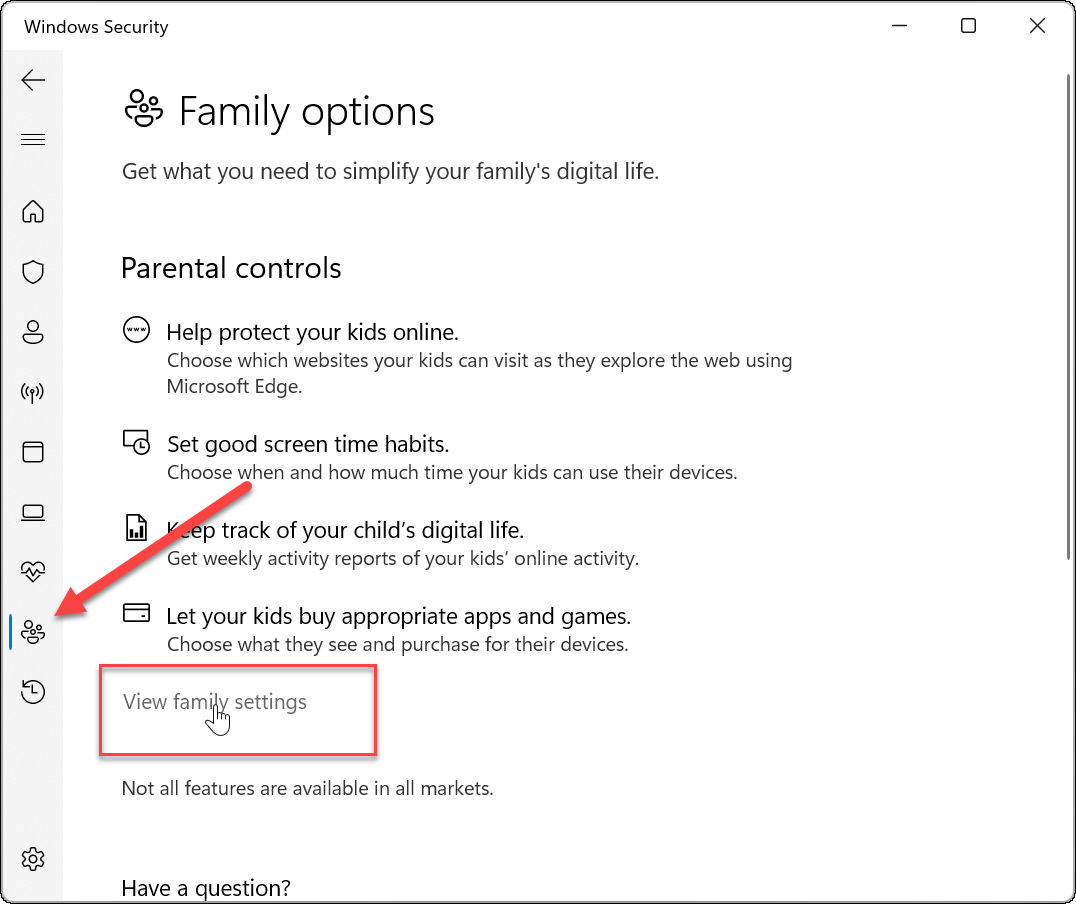 Opzioni della famiglia di sicurezza Windows
