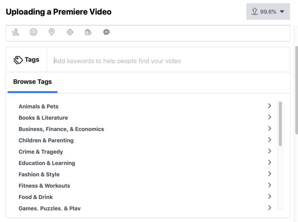 Come configurare Facebook Premiere, passaggio 4, tag video