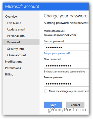 cambia password outlook.com - fai clic su cambia password