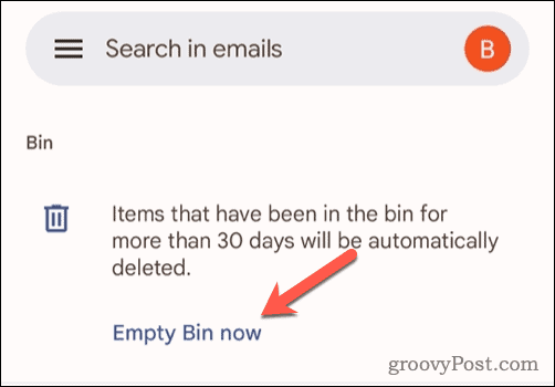 Opzione Svuota cestino in Gmail su dispositivo mobile